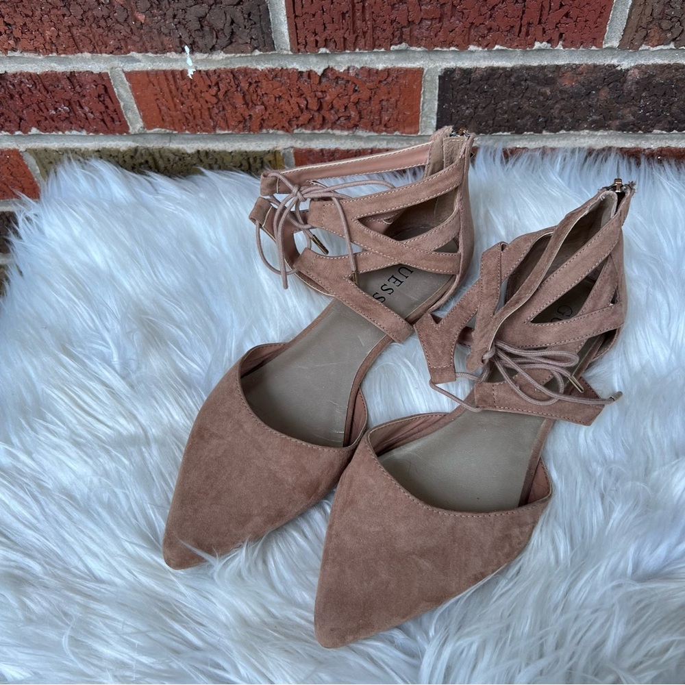 Guess Tan Nude Suede Pointed Toe Strappy Ankle Flat Shoes